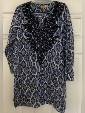 Roller Rabbit Ikat Embroidered Split-Neck Tunic Dress - Large